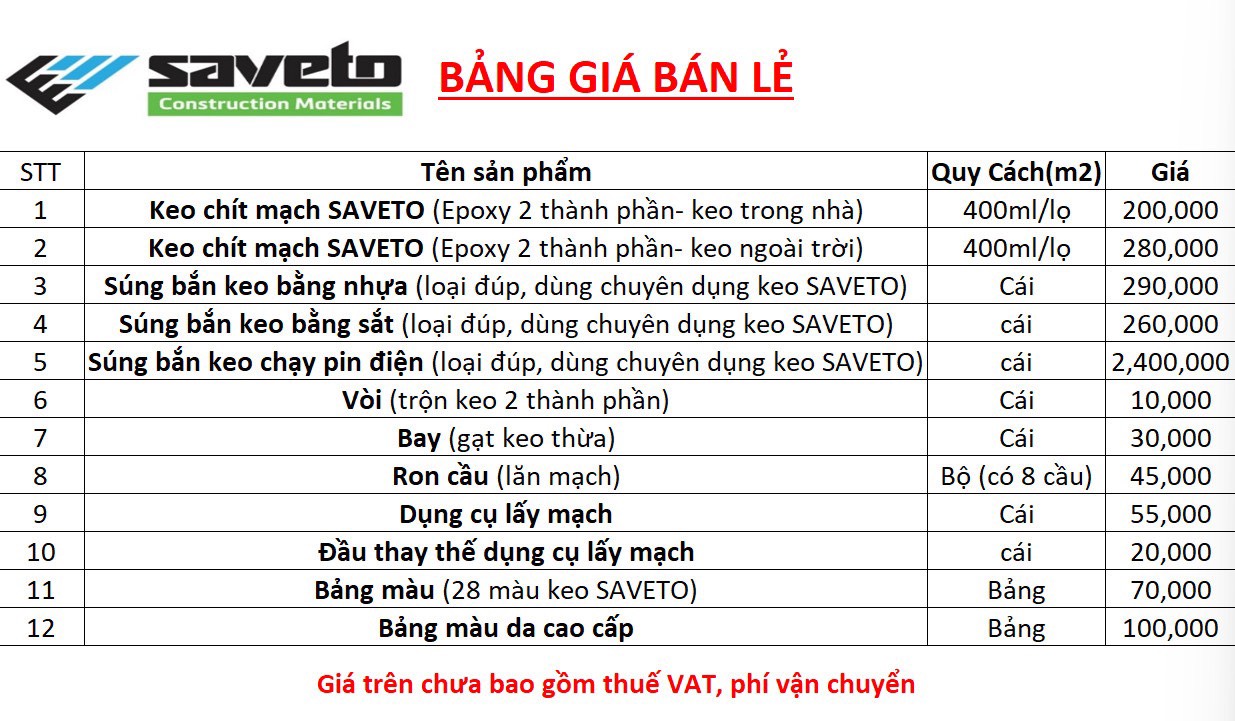 bảng giá bán lẻ keo chà ron